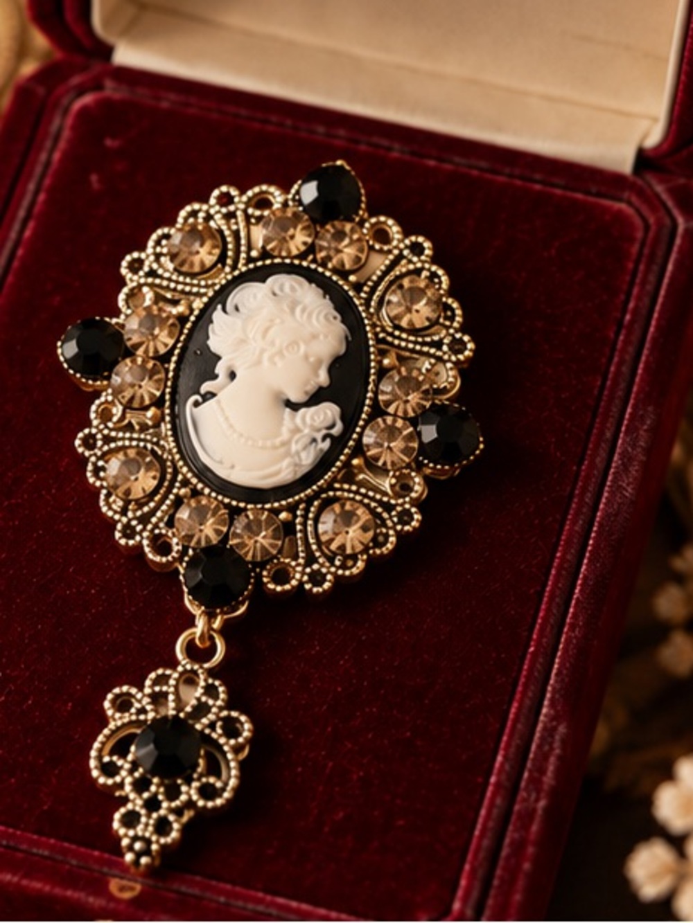 Antique Cameo Brooch with Onyx, Champagne Crystals and Intricate Gold Filigree